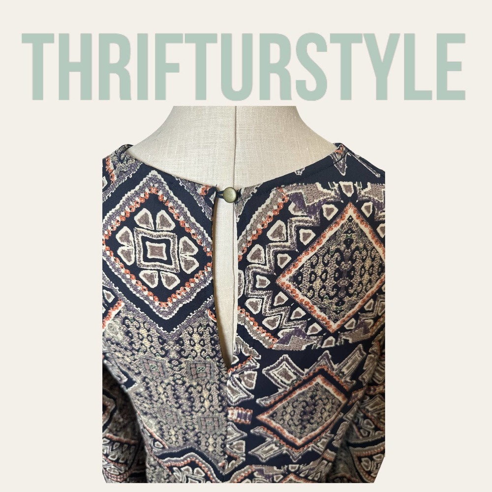 fab'rik Navy‎ Blue Geometric Print Long Sleeve Romper Boho V-Neck Small - Picture 3 of 9